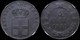 GREECE: 5 Lepta (1838) (type I) in copper. Royal coat of arms and inscription "ΒΑΣΙΛΕΙΑ ΤΗΣ ΕΛΛΑΔΟΣ" on obverse. Inside slab NGC "AU DETAILS / ENVIRON...
