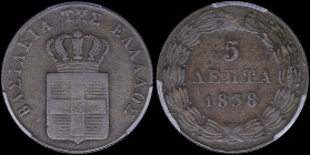 GREECE: 5 Lepta (1838) (type I) in copper. Royal coat of arms and inscription "ΒΑΣΙΛΕΙΑ ΤΗΣ ΕΛΛΑΔΟΣ" on obverse. Inside slab PCGS "VF 30". Cert number...