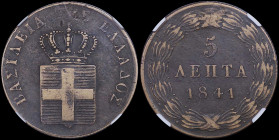 GREECE: 5 Lepta (1841) (type I) in copper. Royal coat of arms and inscription "ΒΑΣΙΛΕΙΑ ΤΗΣ ΕΛΛΑΔΟΣ" on obverse. Inside slab by NGC "XF 40 BN". Cert n...