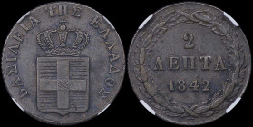 GREECE: 2 Lepta (1842) (type I) in copper. Royal coat of arms and inscription "ΒΑΣΙΛΕΙΑ ΤΗΣ ΕΛΛΑΔΟΣ" on obverse. Inside slab by NGC "AU 50 BN". Cert n...