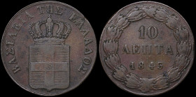 GREECE: 10 Lepta (1843) (type I) in copper. Royal coat of arms and inscription "ΒΑΣΙΛΕΙΑ ΤΗΣ ΕΛΛΑΔΟΣ" on obverse. (Hellas 76). Fine plus....