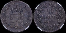 GREECE: 10 Lepta (1847) (type III) in copper. Royal coat of arms and inscription "ΒΑΣΙΛΕΙΟΝ ΤΗΣ ΕΛΛΑΔΟΣ" on obverse. Inside slab by NGC "XF DETAILS / ...