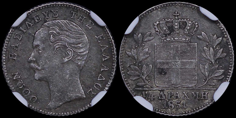 GREECE: 1/4 Drachma (1851) (type II) in silver (0,900). Mature head of King Otto...