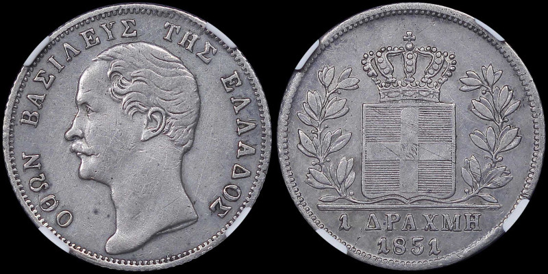 GREECE: 1 Drachma (1851) (type II) in silver (0,900). Mature head of King Otto f...