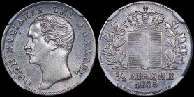 GREECE: 1/2 Drachma (1855) (type II) in silver (0,900). Mature head of King Otto facing left and inscription "ΟΘΩΝ ΒΑΣΙΛΕΥΣ ΤΗΣ ΕΛΛΑΔΟΣ" on obverse. V...