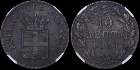 GREECE: 10 Lepta (1857) (type III) in copper. Royal coat of arms and inscription "ΒΑΣΙΛΕΙΟΝ ΤΗΣ ΕΛΛΑΔΟΣ" on obverse. Inside slab by NGC "AU DETAILS / ...