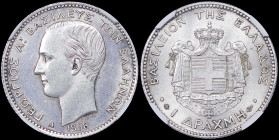 GREECE: 1 Drachma (1868 A) (type I) in silver (0,835). Head of King George I facing left and inscription "ΓΕΩΡΓΙΟΣ Α! ΒΑΣΙΛΕΥΣ ΤΩΝ ΕΛΛΗΝΩΝ" on obverse...