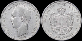 GREECE: 2 Drachmas (1883 A) (type I) in silver (0,835). Head of King George I facing left and inscription "ΓΕΩΡΓΙΟΣ Α! ΒΑΣΙΛΕΥΣ ΤΩΝ ΕΛΛΗΝΩΝ" on obvers...