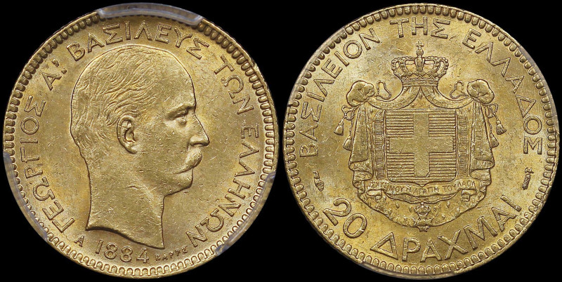 GREECE: 20 Drachmas (1884 A) (type II) in gold (0,900). Mature head of King Geor...