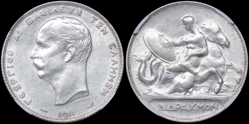 GREECE: 2 Drachmas (1911) (type II) in silver (0,835). Mature head (different ty...