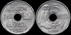 GREECE: 5 Lepta (1912) (type IV) in nickel. Royal crown and inscription "ΒΑΣΙΛΕΙΟΝ ΤΗΣ ΕΛΛΑΔΟΣ" on obverse. Owl on amphoreus on reverse. Inside slab b...