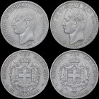 GREECE: Lot of 2 coins in silver (0,900) composed of 5 Drachmas (1875 A) (type I) & 5 Drachmas (1876 A) (type I). Mature head of King George I facing ...