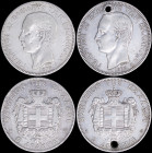 GREECE: Lot of 2 coins in silver (0,900) composed of 5 Drachmas (1875 A) (type I) & 5 Drachmas (1876 A) (type I). Mature head of King George I facing ...