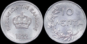 GREECE: 10 Lepta (1922) in aluminum. Royal crown and inscription "ΒΑΣΙΛΕΙΟΝ ΤΗΣ ΕΛΛΑΔΟΣ" on obverse. Inside slab by NGC "MS 64 / THIN PLANCHET (1,52g)...