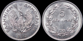 GREECE: 5 Drachmas (1930) in nickel. Phoenix and inscription "ΕΛΛΗΝΙΚΗ ΔΗΜΟΚΡΑΤΙΑ" on obverse. Inside slab by PCGS "MS 65 / London Mint". Cert number:...