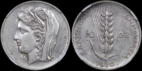GREECE: 10 Drachmas (1930) in silver (0,500). Head of Goddess Demeter facing left on obverse. Inside slab by NGC "AU 55". Cert number: 6632378-019. (H...