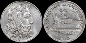 GREECE: 20 Drachmas (1930) in silver (0,500). Head of God Poseidon facing right on obverse. Inside slab by PCGS "MS 63". Cert number: 44994443. (Hella...