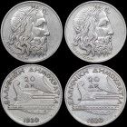 GREECE: Lot composed of 2x 20 Drachmas (1930) in silver (0,500). Head of God Poseidon facing right on obverse. Surface hairlines. (Hellas 179). Extra ...