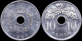 GREECE: 10 Lepta (1954) in aluminum. Royal crown and inscription "ΒΑΣΙΛΕΙΟΝ ΤΗΣ ΕΛΛΑΔΟΣ" on obverse. Inside slab by PCGS "MS 66". Cert number: 4436166...
