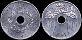 GREECE: 10 Lepta (1959) in aluminum. Royal crown and inscription "ΒΑΣΙΛΕΙΟΝ ΤΗΣ ΕΛΛΑΔΟΣ" on obverse. Inside slab by PCGS "MS 66". Cert number: 4399477...