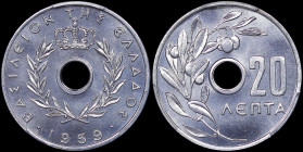 GREECE: 20 Lepta (1959) in aluminum. Royal crown and inscription "ΒΑΣΙΛΕΙΟΝ ΤΗΣ ΕΛΛΑΔΟΣ" on obverse. Inside slab by PCGS "MS 67". Cert number: 4556783...