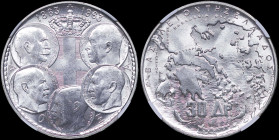 GREECE: 30 Drachmas (1963) in silver (0,835) commemorating the Dynasty. Royal coat of arms and five heads of the Kings of the Dynasty on obverse. Insi...