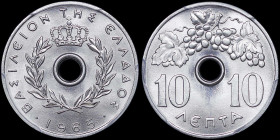 GREECE: 10 Lepta (1965) in aluminum. Royal crown and inscription "ΒΑΣΙΛΕΙΟΝ ΤΗΣ ΕΛΛΑΔΟΣ" on obverse. Inside slab by PCGS "MS 68". Top pop in both comp...