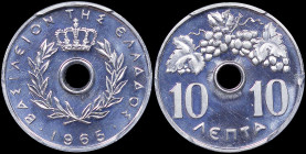 GREECE: 10 Lepta (1965) in aluminum. Royal crown and inscription "ΒΑΣΙΛΕΙΟΝ ΤΗΣ ΕΛΛΑΔΟΣ" on obverse. Inside slab by PCGS "PR 67". Cert number: 4556784...