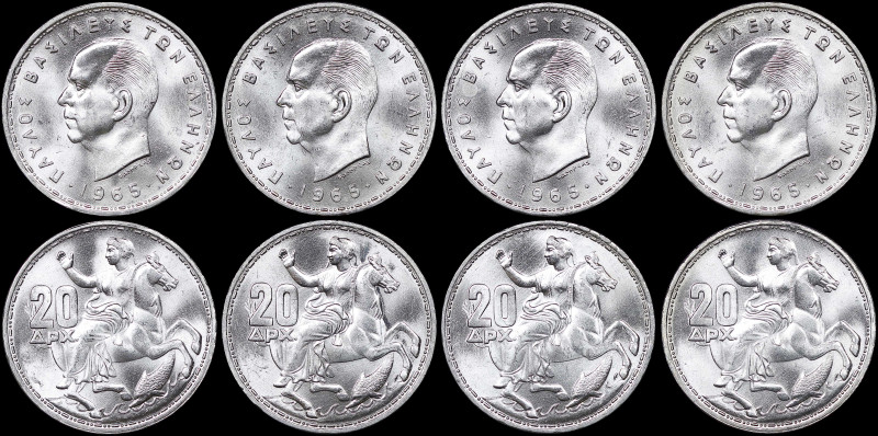 GREECE: Lot composed of 4x 20 Drachmas (1965) in silver (0,835). Head of King Pa...