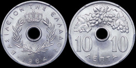 GREECE: 10 Lepta (1964) (type I) in aluminum. Royal crown and inscription "ΒΑΣΙΛΕΙΟΝ ΤΗΣ ΕΛΛΑΔΟΣ" on obverse. Inside slab by PCGS "MS 67". Cert number...