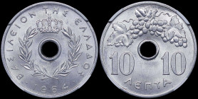 GREECE: 10 Lepta (1964) (type I) in aluminum. Royal crown and inscription "ΒΑΣΙΛΕΙΟΝ ΤΗΣ ΕΛΛΑΔΟΣ" on obverse. Inside slab by NGC "MS 65+". Cert number...