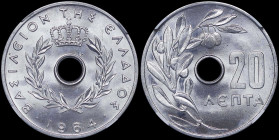 GREECE: 20 Lepta (1964) (type I) in aluminum. Royal crown and inscription "ΒΑΣΙΛΕΙΟΝ ΤΗΣ ΕΛΛΑΔΟΣ" on obverse. Inside slab by NGC "MS 67". Cert number:...