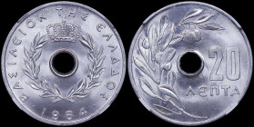 GREECE: 20 Lepta (1964) (type I) in aluminum. Royal crown and inscription "ΒΑΣΙΛΕΙΟΝ ΤΗΣ ΕΛΛΑΔΟΣ" on obverse. Inside slab by NGC "MS 64". Cert number:...
