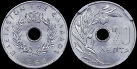 GREECE: 20 Lepta (1966) (type I) in aluminum. Royal crown and inscription "ΒΑΣΙΛΕΙΟΝ ΤΗΣ ΕΛΛΑΔΟΣ" on obverse. Inside slab by NGC "MS 65". Cert number:...