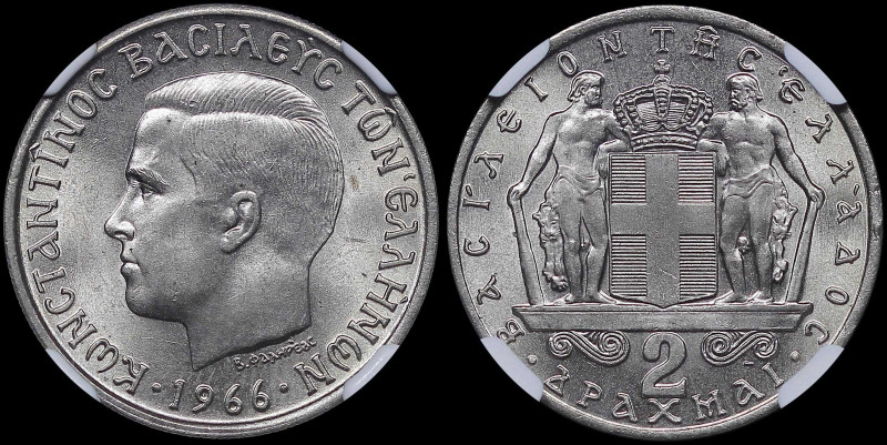 GREECE: 2 Drachmas (1966) (type I) in copper-nickel. Head of King Constantine II...