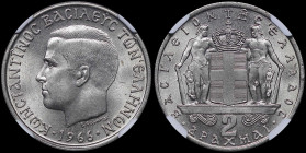 GREECE: 2 Drachmas (1966) (type I) in copper-nickel. Head of King Constantine II facing left and inscription "ΚΩΝCΤΑΝΤΙΝΟC ΒΑCΙΛΕΥC ΤΩΝ ΕΛΛΗΝΩΝ" on ob...