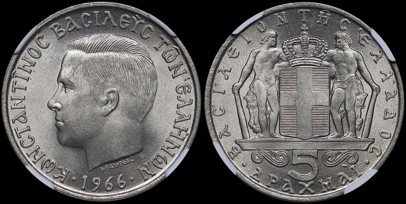 GREECE: 5 Drachmas (1966) (type I) in copper-nickel. Head of King Constantine II...