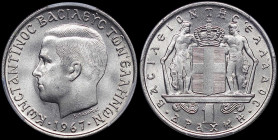 GREECE: 1 Drachma (1967) (type I) in copper-nickel. Head of King Constantine II facing left and inscription "ΚΩΝCΤΑΝΤΙΝΟC ΒΑCΙΛΕΥC ΤΩΝ ΕΛΛΗΝΩΝ" on obv...