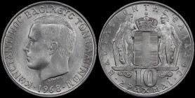 GREECE: 10 Drachmas (1968) (type I) in copper-nickel. Head of King Constantine II facing left and inscription "ΚΩΝCΤΑΝΤΙΝΟC ΒΑCΙΛΕΥC ΤΩΝ ΕΛΛΗΝΩΝ" on o...