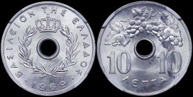 GREECE: 10 Lepta (1969) (type I) in aluminum. Royal crown and inscription "ΒΑΣΙΛΕΙΟΝ ΤΗΣ ΕΛΛΑΔΟΣ" on obverse. Inside slab by NGC "MS 65". Cert number:...