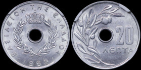GREECE: 20 Lepta (1969) (type I) in aluminum. Royal crown and inscription "ΒΑΣΙΛΕΙΟΝ ΤΗΣ ΕΛΛΑΔΟΣ" on obverse. Inside slab by NGC "MS 64". Cert number:...