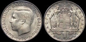 GREECE: 1 Drachma (1970) (type I) in copper-nickel. Head of King Constantine II facing left and inscription "ΚΩΝCΤΑΝΤΙΝΟC ΒΑCΙΛΕΥC ΤΩΝ ΕΛΛΗΝΩΝ" on obv...