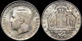 GREECE: 2 Drachmas (1970) (type I) in copper-nickel. Head of King Constantine II facing left and inscription "ΚΩΝCΤΑΝΤΙΝΟC ΒΑΣΙΛΕΥC ΤΩΝ ΕΛΛΗΝΩΝ" on ob...