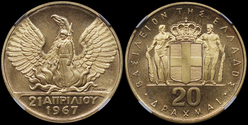 GREECE: 20 Drachmas (1970) in gold (0,900) commemorating the April 21st 1967. Ph...