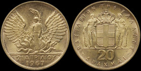 GREECE: 20 Drachmas (1970) in gold (0,900) commemorating the April 21st 1967. Phoenix and soldier on obverse. (Hellas 240). Uncirculated.