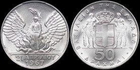 GREECE: 50 Drachmas (1970) in silver (0,900) commemorating the April 21st 1967. Phoenix and soldier on obverse. Inside slab by PCGS "MS 67 / 1967 Revo...