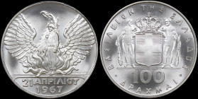 GREECE: 100 Drachmas (1970) (type I) in silver (0,900) commemorating the April 21st 1967. Phoenix and soldier on obverse. Inside slab by PCGS "MS 68 /...
