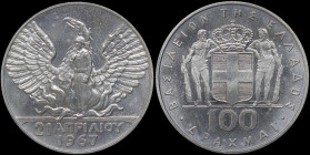 GREECE: 100 Drachmas (1970) (type I) in silver (0,900) commemorating the April 21st 1967. Phoenix and soldier on obverse. (Hellas 242). Uncirculated.