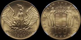GREECE: 100 Drachmas (1970) (type II) in gold (0,900) commemorating the April 21st 1967. Phoenix and soldier on obverse. Inside slab by NGC "MS 66 / 1...