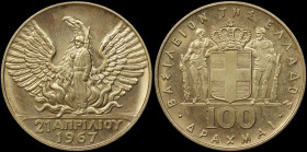 GREECE: 100 Drachmas (1970) (type II) in gold (0,900) commemorating the April 21st 1967. Phoenix and soldier on obverse. (Hellas 243). Uncirculated.